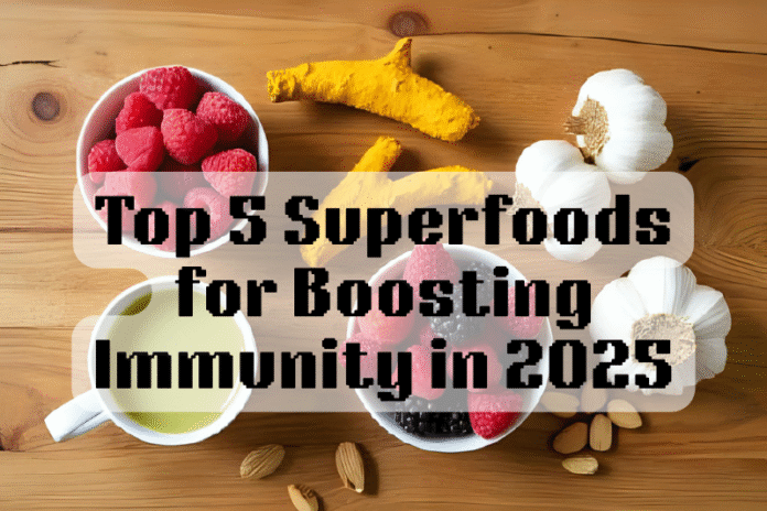Top 5 superfoods including turmeric, berries, garlic, green tea and almonds on a table