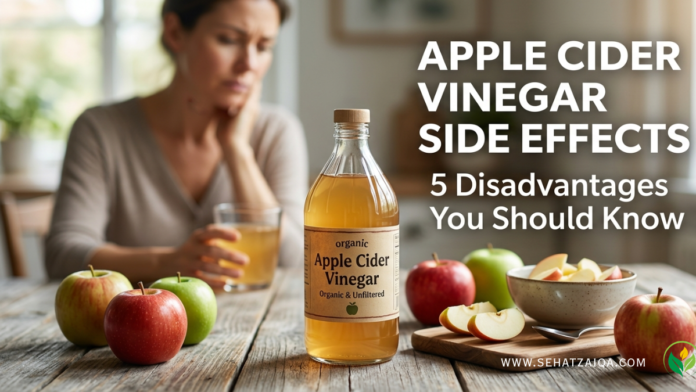 Bottle of apple cider vinegar with apples showing health risks of excessive use