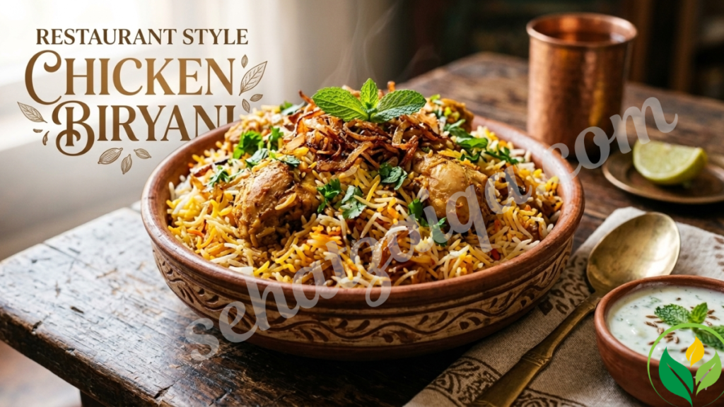 Delicious homemade chicken biryani with basmati rice and spices